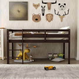 Harper & Bright Designs Low Loft Bed Twin Wooden Bed Frame with Ladder, for Kids Girls Boys, Espresso