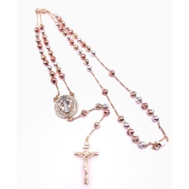 Catholic Rosary Beads Necklace Silver Rose and Gold Tone Tricolor Ball Chain