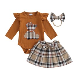 Baby Infant Girls Cute Bear Romper Skirt Clothing Set 3 Pieces Set Long Sleeve Ruffle Shoulder Cartoon Bear Romper Checked A-line Skirt Bowknot Headband, khaki