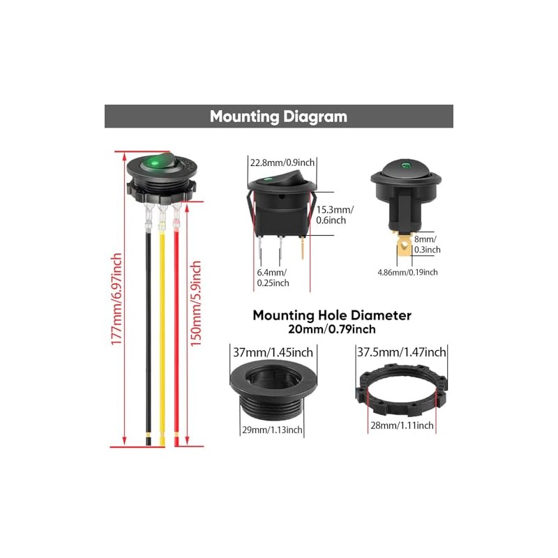3-Pack Round Rocker Switch with Shell LED Light SPST ON