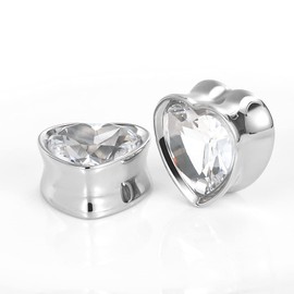 KOOBODY Surgical Steel Heart Shape Zircon Double Flared Ear Tunnels And Plugs Stretcher Expander Sold As Pair Gauge 8mm-25mm
