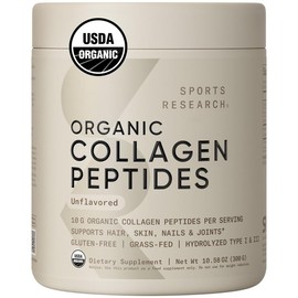Sports Research Organic Collagen Peptides – USDA Organic Hydrolyzed Type I & III Collagen for Hair, Skin, Nails & Joints – Unflavored Powder – 30 Servings
