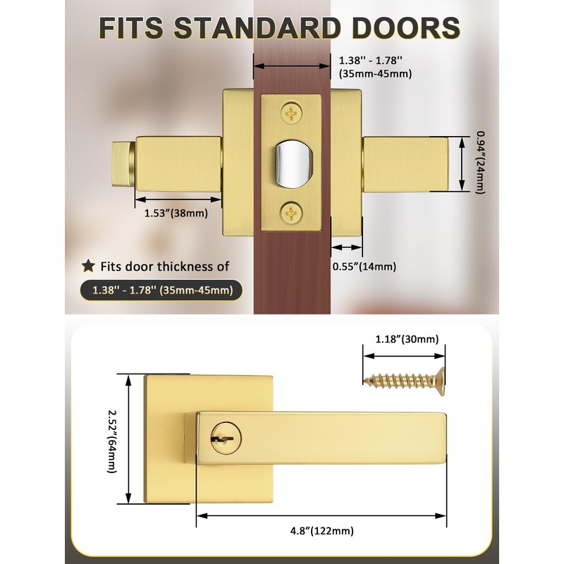 Tinewa 2 Pack Brushed Gold Entry Door Levers with Lock
