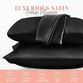Elegant Comfort Silky and Luxurious 2-Piece Satin Pillowcase Set for Healthier Skin and Hair, Hidden Zipper Closure and Beautifully Packaged, Satin Pillowcase Set, Standard/Queen, Black