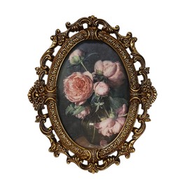 PYOAGT Antique 3.5X5 Picture Frame Vintage Designs with Resin and HD Glass, Table Top Display and Wall Hanging Home Decor (Golden Oval)