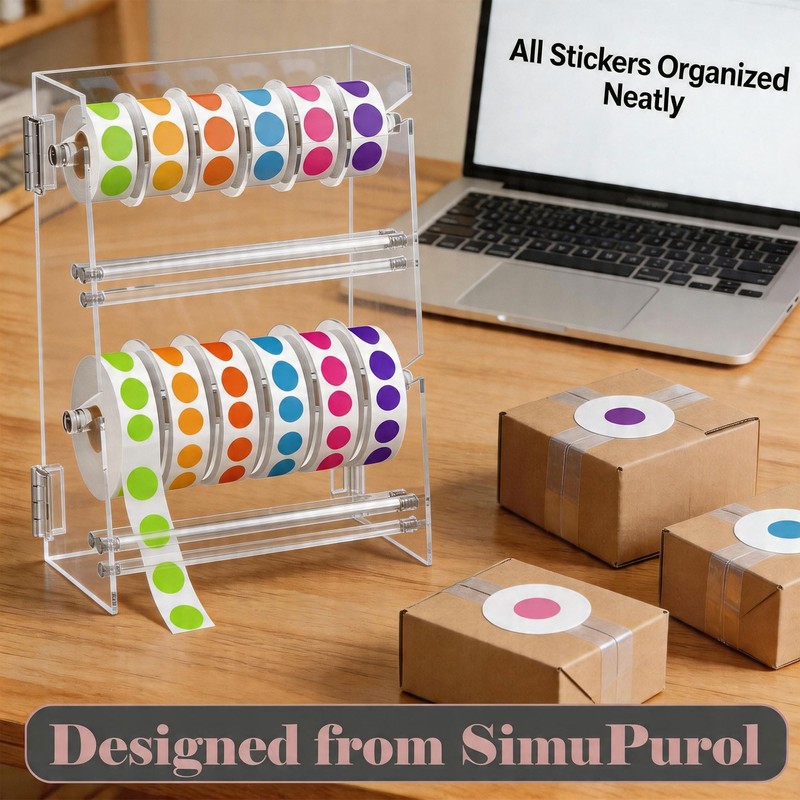 Double-Layer Acrylic Sticker Roll Dispenser, Adjustable Label Organizer for 12