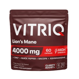 VITRIQ™ Lion's Mane 4000mg High Strength Supplement Capsules with Ashwagandha, Zink, Bacopa, Black Pepper for Daily Stress Relief & Clarity Boost+ Complex, 60 Capsules