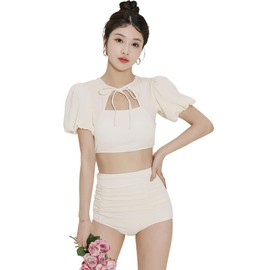 [Teddy] 水着 レディース ビキニ 体型カバー水着 ハイウエスト ショーツ セパレート 2点セット ボレロ風ブラ 一体型 半袖 パフスリーブ hys3165 (JP, アルファベット, L, 標準, ホワイト)