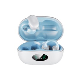 Clip On Open Ear Headphones Wireless Bluetooth, 2023 New Wireless Ear Clip Bone Conduction Headphones Bluetooth Waterproof Bone Conduction Earbuds Earphones Bone Ear Buds with LED Power Display-Blue