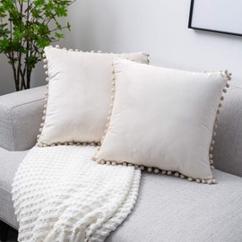 NATUS WEAVER Decorative Throw Pillow Covers with Pom-poms Soft Velvet Solid Cushion Covers 14 X 14 for Sofa Couch Bedroom Car, Pack of 2, Ivory