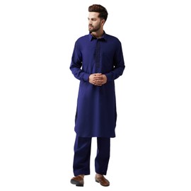 SOJANYA (Desde 1958), juego de Kurta Pathani de algodón negro para hombre, Azul marino, Large
