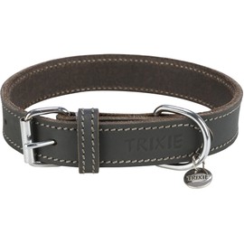 TRIXIE Rustic 19047 Leather Collar Size S-M: Neck Circumference 34-40 cm/25 mm in Grey - Stitched Leather Collar for Small to Medium Dogs in Classic Design, Gentle Leashing