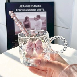 WQURC Girls Pink Bowknot Glass Cup, Tea Cup, Milk Cup, Mug for Home, Office, Bedroom (Cup + Spoon)