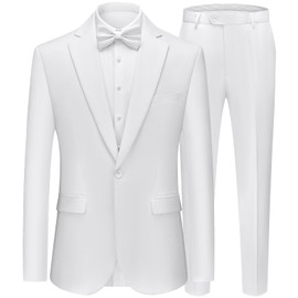 WEEN CHARM Men's Suits 2 Piece Wedding Tuxedo One Button Notch Lapel Groom Prom Party Blazer Pants Suit Set White