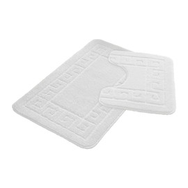 Lions Bath Mat Sets 2 Piece - Jacquard Greek Key Pattern Bathroom Toilet Rugs, Microfiber Bath Mats Pedestal Set, Super Soft Extra Absorbent Bathmat, White