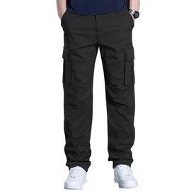 DOWMQ Men's Cargo Pants Casual Straight Leg Sweatpants Drawstring Elastic Waist Men Pants with 6 Pockets Hiking Pants Black,L
