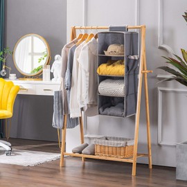 YOUDENOVA Hanging Wardrobe Organiser 6 Shelves Wardrobe Storage Hanging Shelves With Side Pockets Clothes Organiser Bedroom Storage (Gray, 4-Shelves)