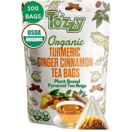 Tozzy Organic Turmeric, Ginger & Cinnamon - 100 Tea Bags | Plant-Based Pyramid Tea Bag