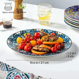 HENXFEN LEAD Dinner Plates Set of 6-10.5 Inch Large Ceramic Plates, Colorful Serving Dishes for Kitchen & Restaurant, Dishware, Microwave & Oven safe - Bohemian Style