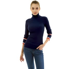 AmélieBoutik Women Long Sleeve Striped Split Cuff Turtleneck Ribbed Pullover Sweater (Navy Blue X-Large)