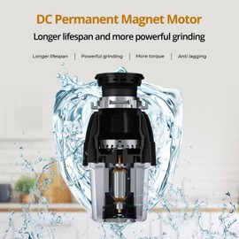 3/4 HP Corded Garbage Disposal for Kitchen Sinks, TECASA Continuous Feed Food Waste Disposer, Sound Reduction, Power Cord Included, Grey and Black, HyperCrush 75