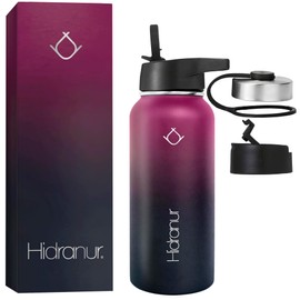 Hidranur Termo de Acero Inoxidable Doble Aislamiento Térmico, Termo Para Café 32 oz (946.35 ml), 3 Tapas Herméticas, 2 Popotes, 24 Hrs de Agua Caliente y Fría (Morado, 32 Oz (946.35 ml))