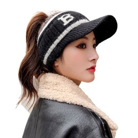 ALVEIN Women's Knit Hat, Sun Visor, Knit Cap, Cold Protection, One Size Fits Most, Elastic Knit Hat, Small Face Effect, Comes with Brim, For Work or School Commutes, Golf, Sports, Black