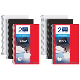 Oxford 2 Subject Notebooks College Ruled - Spiral Notebook 6x9 1/2 Paper - 100 Sheets - 6 Pack of Spiral Notebook With Pockets - Poly Cover - Red, White, and Black