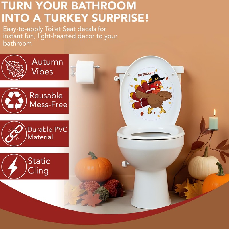Iconikal 2-Piece Thanksgiving Toilet Seat Cling Set Funny Turkey 11.2x13-Inch