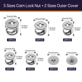 Bohoray 135pcs Cam Lock Fittings, 5 Sizes Furniture Cam Lock Fasteners, Furniture Connecter Cam Lock Nuts with 2 Types Outer Cover, Screw Eccentric Fasteners for Cabinet Drawer Wardrobe Panel