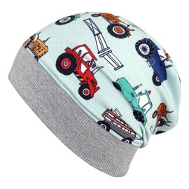 Wollhuhn Eco Lightweight Girls/Boys Beanie Hat Cuffs Elastic Transition Period Summer Children's Hat Cotton (Eco Fabrics, Organic) 22222235, Tractor light blue/mint