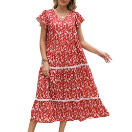 Summer Bohemian Floral Dresses for Women Casual Lace Tiered Long Dresses with Puff Short Sleeves Loose Fit Dress (US, Alpha, Small, Regular, Regular, Red)