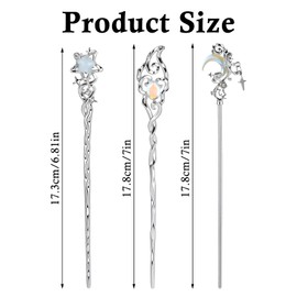 Shimmeroo 3Pcs Star Moon Stone Hair Chopsticks for Women,Metal Hair Sticks for Buns Chinese Long Hairpins Hanfu Accessories
