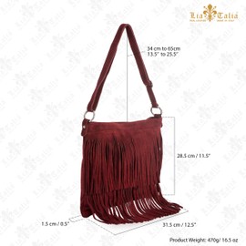 LiaTalia Womens Fringe Handbag - Real Italian Suede Leather - Tassle Effect Shoulder Bag in Medium Size - ASHLEY [Black]