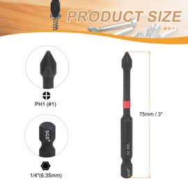 sourcing map 5pcs #1 Phillips Impact Screwdriver Bit PH1 1/4" Hex Shank 3" (75mm) Long Magnetic Cross Head Drill Bits S2 Steel Industrial Screw Driver for Impact Power Drivers, Black/Red