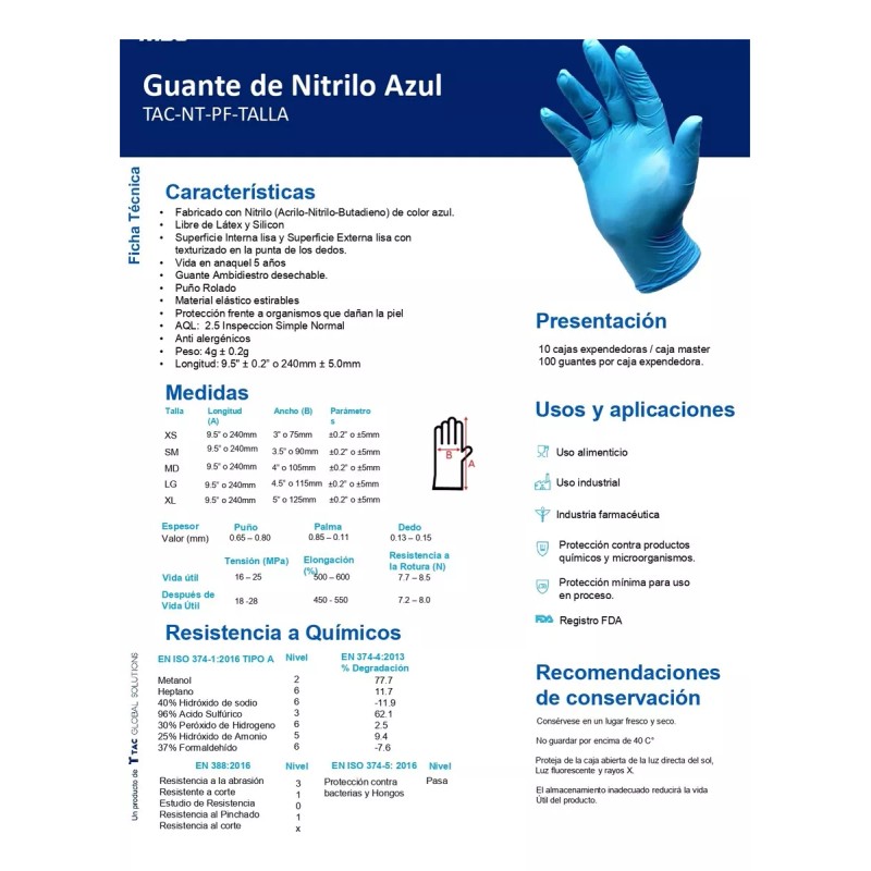 TAC Global Solutions Guante Nitrilo Tac Azul Caja Con 100