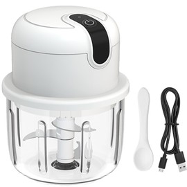 RHAFAYRE Mini Garlic Chopper, Cordless Electric Food Chopper Processor with Glass Cup,for Small Vegetable Onion Tomato Pepper Herb, Anti-slip, incl USB cable, 300ML White