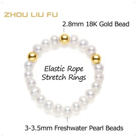 ZHOU LIU FU 18K Gold Rings White Freshwater Pearl Ring 3mm Small Beaded Rings Stackable Elastic Stretch Ring Simple Dainty Jewelry for Women Mom Daughter Birthday Anniversary X019419