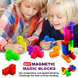 OUXIA Magnetic Building Blocks Magic Magnetic 3D Puzzle Cubes, Set of 7 Multi Shapes Magnetic Blocks with 54 Guide Cards,Parent-Child Interactive Children's Educational Toys (7color)