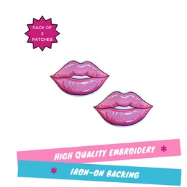 Pink Lips Patch, 3.5” x 2", 2-Pack, Embroidered Iron-On for Hats, Bags, Jackets