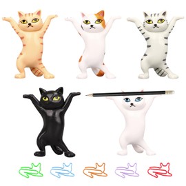 Pack of 5 Dancing Cat Pen Holders with 5 Cat Paper Clips, Weightlifting Mini Cat Decor, Pen Holder, Ear Plug Holder, Durable and Fun Ornament, Cat Coffin Dance, Gift for Cat Lovers
