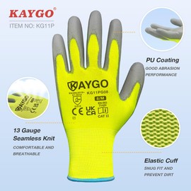 KAYGO Work Gloves PU Coated-12 Pairs, KG11PG, Safety Working Gloves with Secure Grip on Palm & Fingers, for Men and Women, Ideal for General Purpose Light Duty Work, Gardening (Small, Green)
