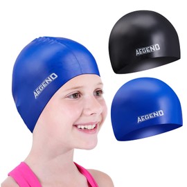 Aegend 2 Pack Kids Swim Cap for Girls Boys Age 8-15, Waterproof Swim Cap Durable Silicone Kids Swimming Cap for Long Hair, Black & Blue