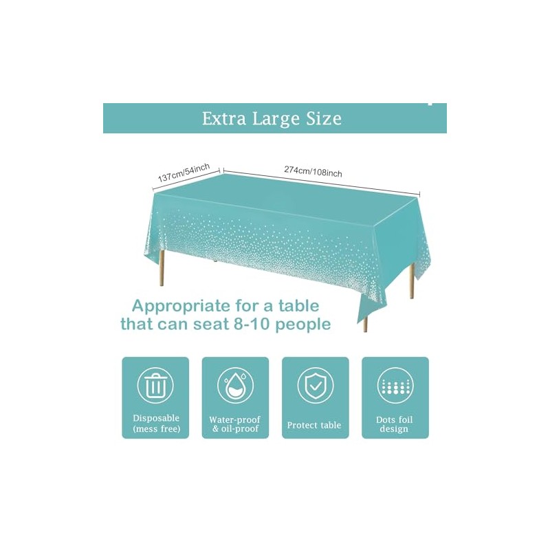 MORAINJAY 4Pcs Lake Blue and Silver Dot Party Tablecloth,137x274cm Rectangle