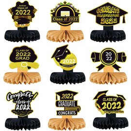 9Pcs 2022 Graduation Party Decorations Congrats Grad Honeycomb Centerpiece Congratulate Graduation Table Topper Party Favor Supplies