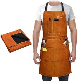 ARCCAPTAIN Leather Welding Work Apron 24" X 36" Heat Flame Resistant Cowhide Blacksmith Aprons with 6 Tool Pockets for Welders Men Women, Adjustable M to XXXL-Brown
