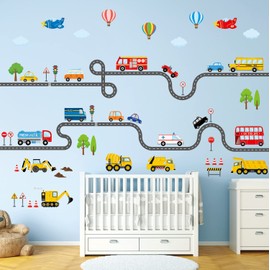 DECOWALL SG3-2308 The Road and Transports Kids Wall Stickers Decals Peel and Stick Removable for Nursery Bedroom Living Room Art murals Decorations