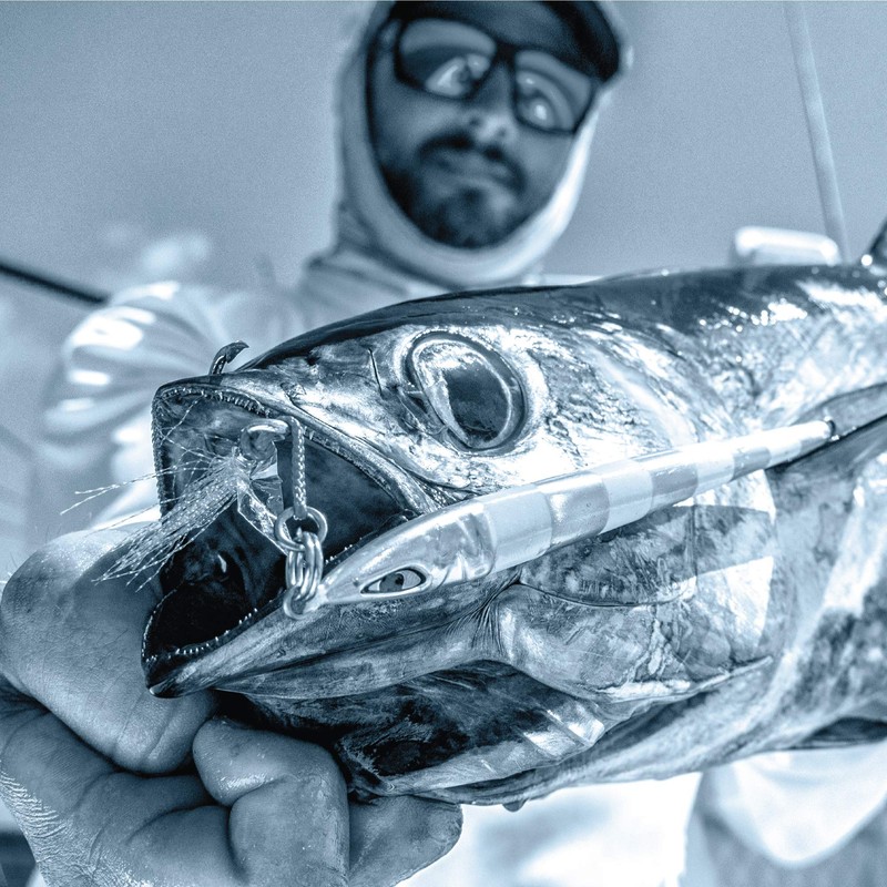 Mustad - Hootchie con Espalda Cruzada, Color Azul y Blanco