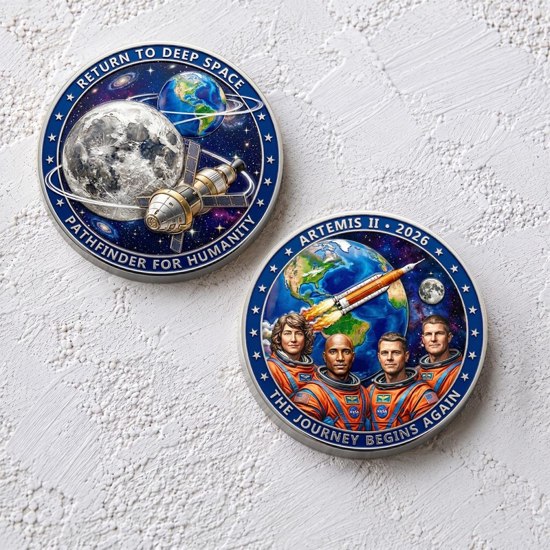 Artemis II Inspired Challenge Coin with Acrylic Case, Double-Sided Deep