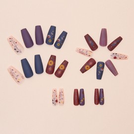 Press on Nails Medium Coffin Fake Nails with Floral Designs Blue Nails Press ons Matte Glue on Nails Nails Red Acrylic Nails Spring False Nails Artificial Stick on Nails for Women 24Pcs